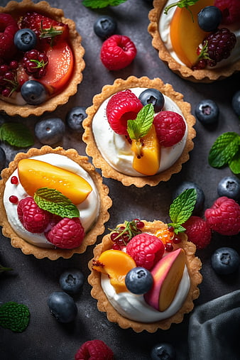 Fresh Fruit Tarts with Berries and Mint on Dark Background