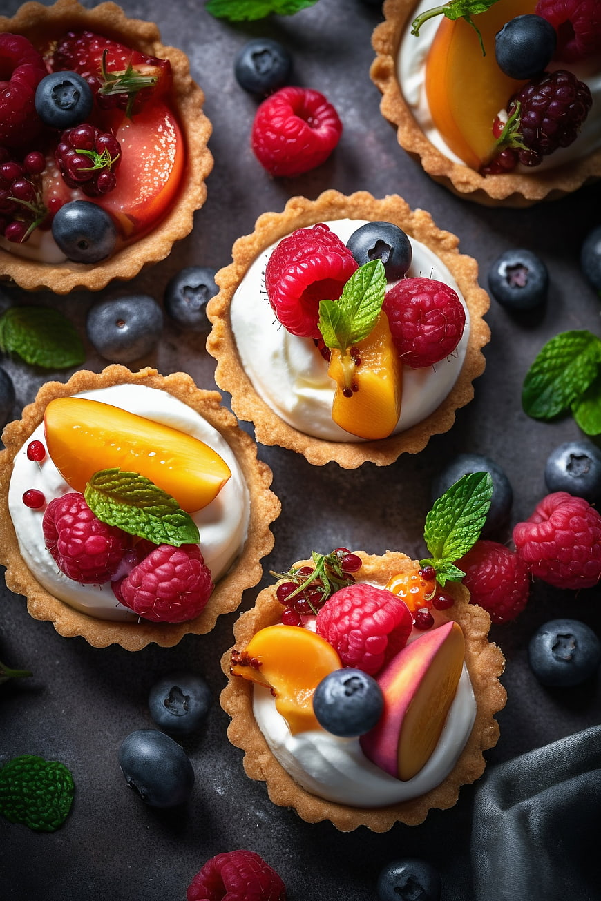 Fresh Fruit Tarts with Berries and Mint on Dark Background