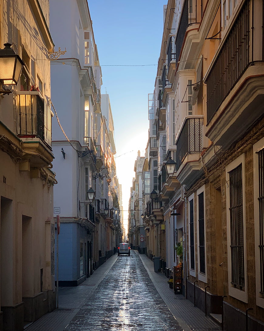 Narrow European Street with Sunlight and Cobblestones
