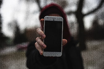 Person in Hoodie Holding Smartphone in Forest