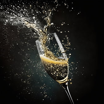 Champagne Splash in Glass on Dark Background