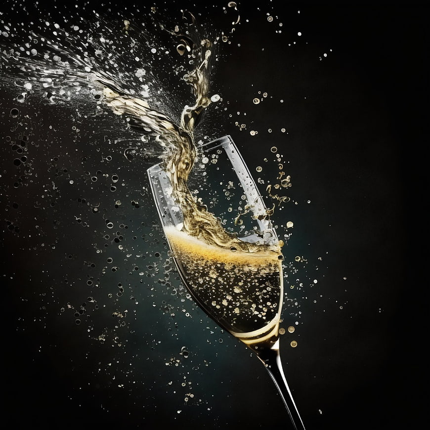 Champagne Splash in Glass on Dark Background