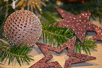 Copper Glitter Christmas Ornaments With Pine Branches