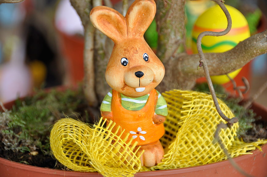 Wooden Easter Bunny Figurine in Potted Plant