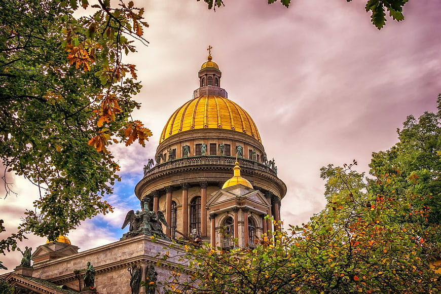 Gilded Dome of Saint Isaac's Cathedral Framed by Autumn Trees