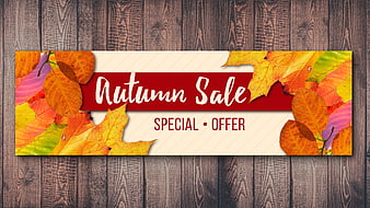 Autumn Sale Banner with Colorful Leaves on Wood Background