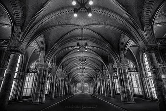 Black and white architecture of Rijksmuseum vaulted hall