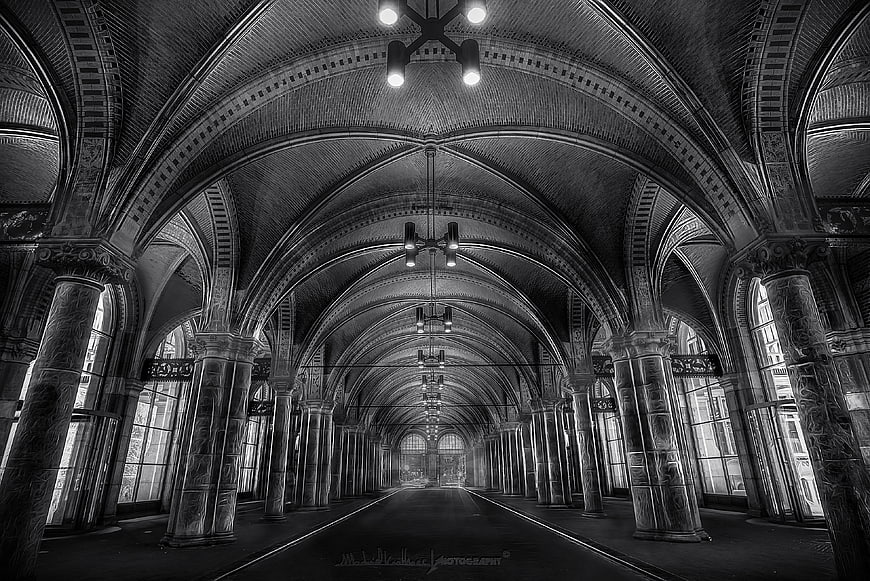 Black and white architecture of Rijksmuseum vaulted hall
