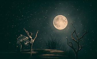 Ballerina Silhouette Dancing Under Full Moon and Starry Night Sky