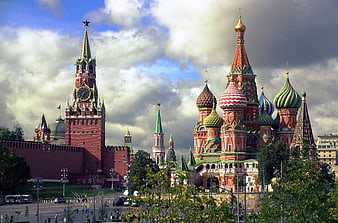 Spasskaya Tower and St. Basil's Cathedral in Moscow, Russia