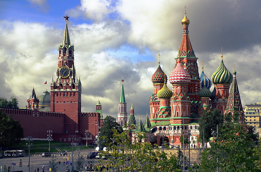 Spasskaya Tower and St. Basil's Cathedral in Moscow, Russia