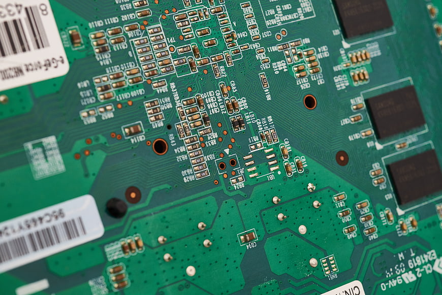 Close-up of green computer motherboard circuit board
