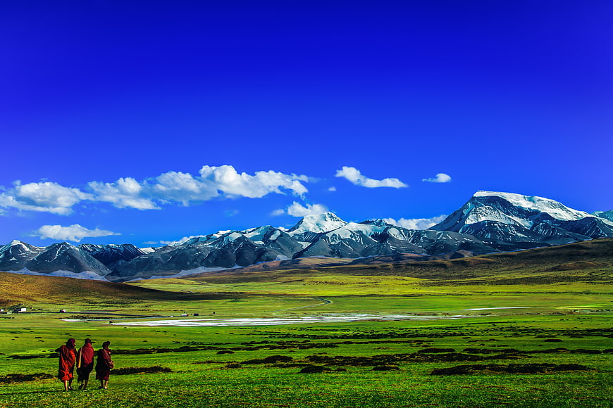 Buddhist Monks Walking in Green Tibetan Valley with Snowy Mountains
