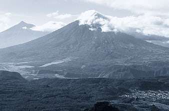 Monochrome landscape of Fuego and Acatenango volcanoes in Guatemala