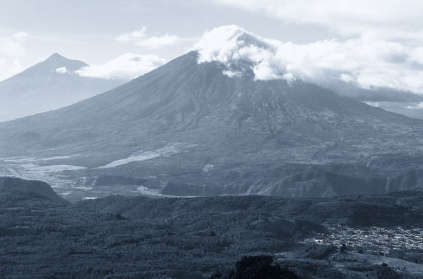 Monochrome landscape of Fuego and Acatenango volcanoes in Guatemala