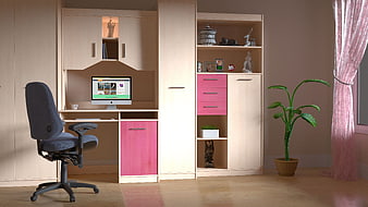 Modern Home Office with Pink Accents and Computer Desk