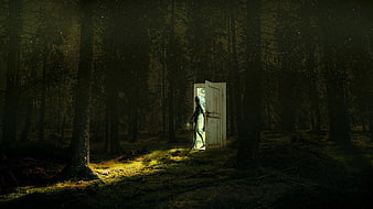 Mysterious glowing figure stepping through a door in a dark forest
