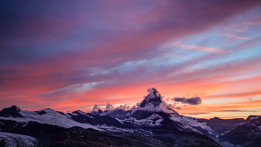 Matterhorn Mountain Peak at Sunset with Pink Clouds