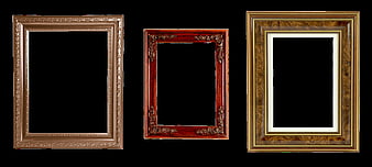 Three decorative wooden picture frames with ornate gold and red detailing