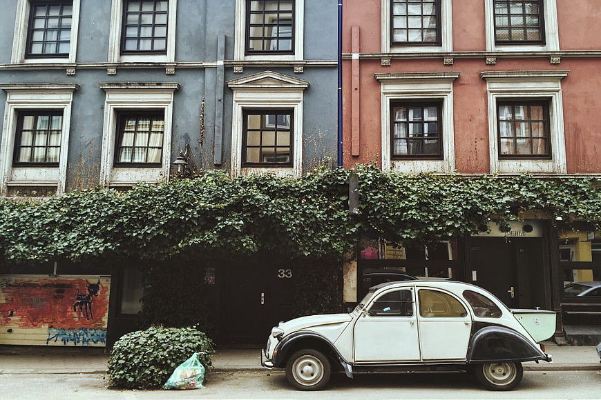 Vintage White Citroen 2CV Parked on Colorful European Street