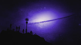 Silhouetted Hikers Viewing Milky Way Galaxy at Night