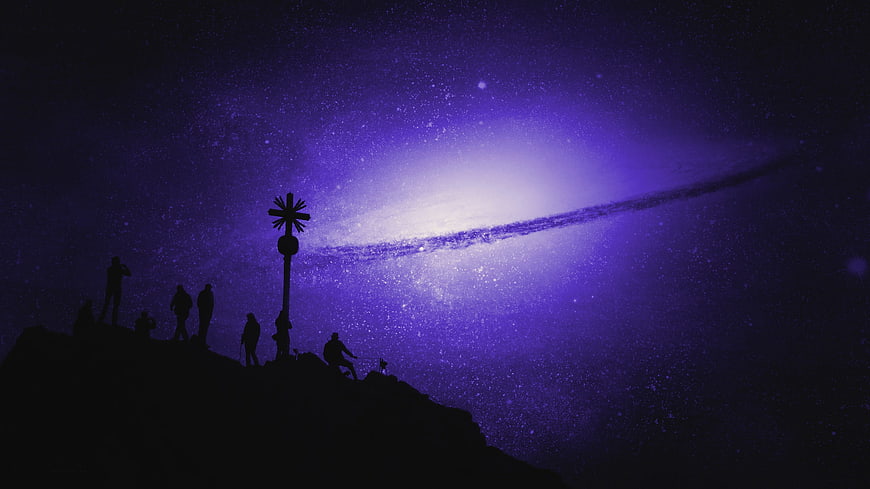 Silhouetted Hikers Viewing Milky Way Galaxy at Night