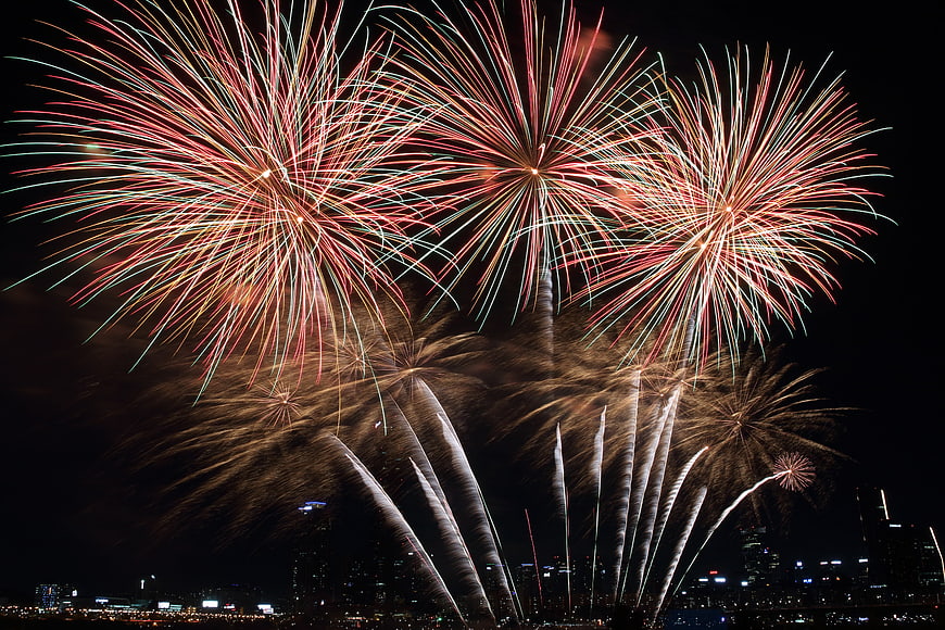 Vibrant Fireworks Display Over Seoul City Skyline At Night