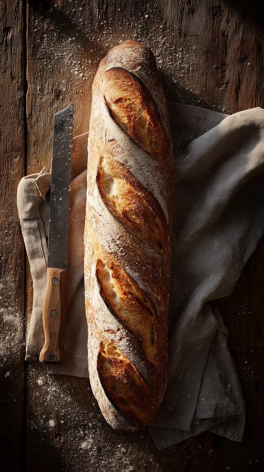 Rustic Artisan Sourdough Loaf with Bread Knife on Wood
