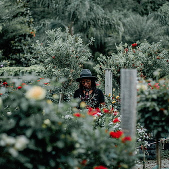 Woman in hat tending to flowers in lush garden