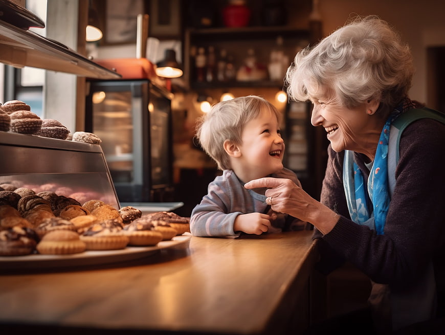 Grandmother and grandson laughing at bakery counter