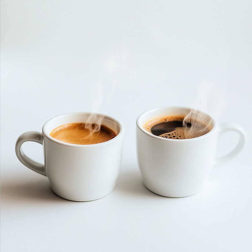 Two Steaming White Coffee Mugs on White Background