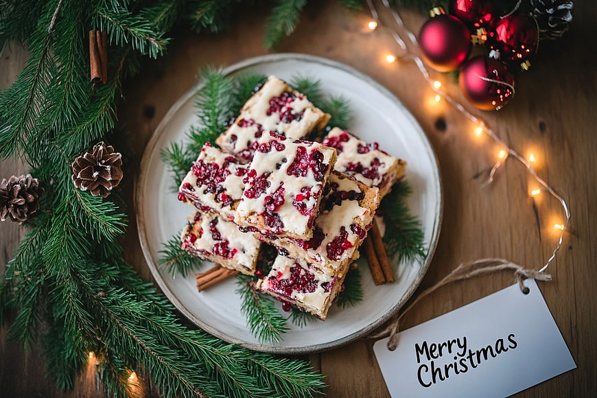 Festive Cranberry Bars with Creamy Frosting on Wooden Table