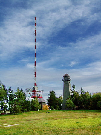 Red and white TV tower and lookout tower on Jauerling mountain