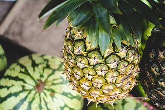 Close-up of fresh pineapple and watermelon at market
