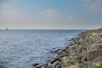 Rocks along the Dutch sea coast with distant sailboat