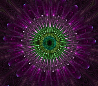 Vibrant Purple and Green Fractal Mandala Digital Art