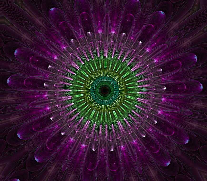 Vibrant Purple and Green Fractal Mandala Digital Art