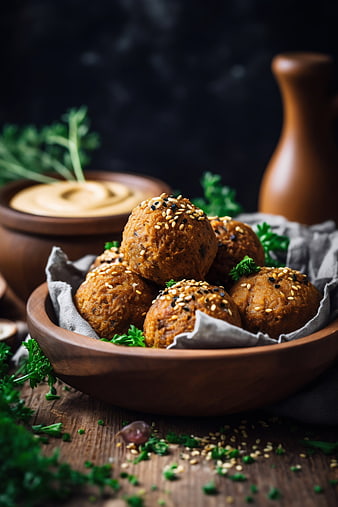 Crispy Falafel Balls with Sesame Seeds and Hummus Dip