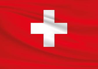 Swiss flag waving in the wind with white cross on red background