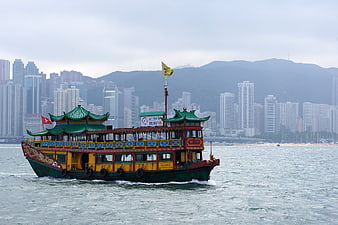 Traditional Chinese Junk Boat in Hong Kong Harbor