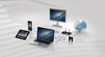 3D E-Commerce Concept With Laptop, Tablet, Smartphone, Router, And Globe