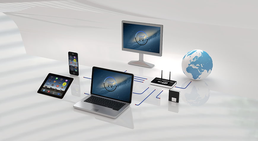 3D E-Commerce Concept With Laptop, Tablet, Smartphone, Router, And Globe