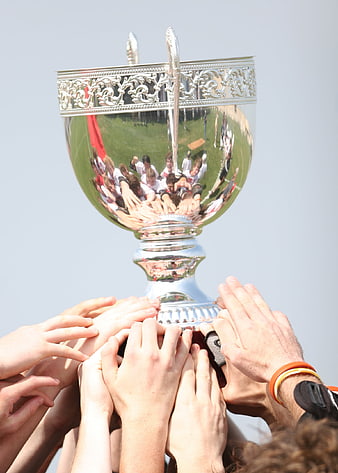 Team Hands Holding Silver Trophy Cup Victory