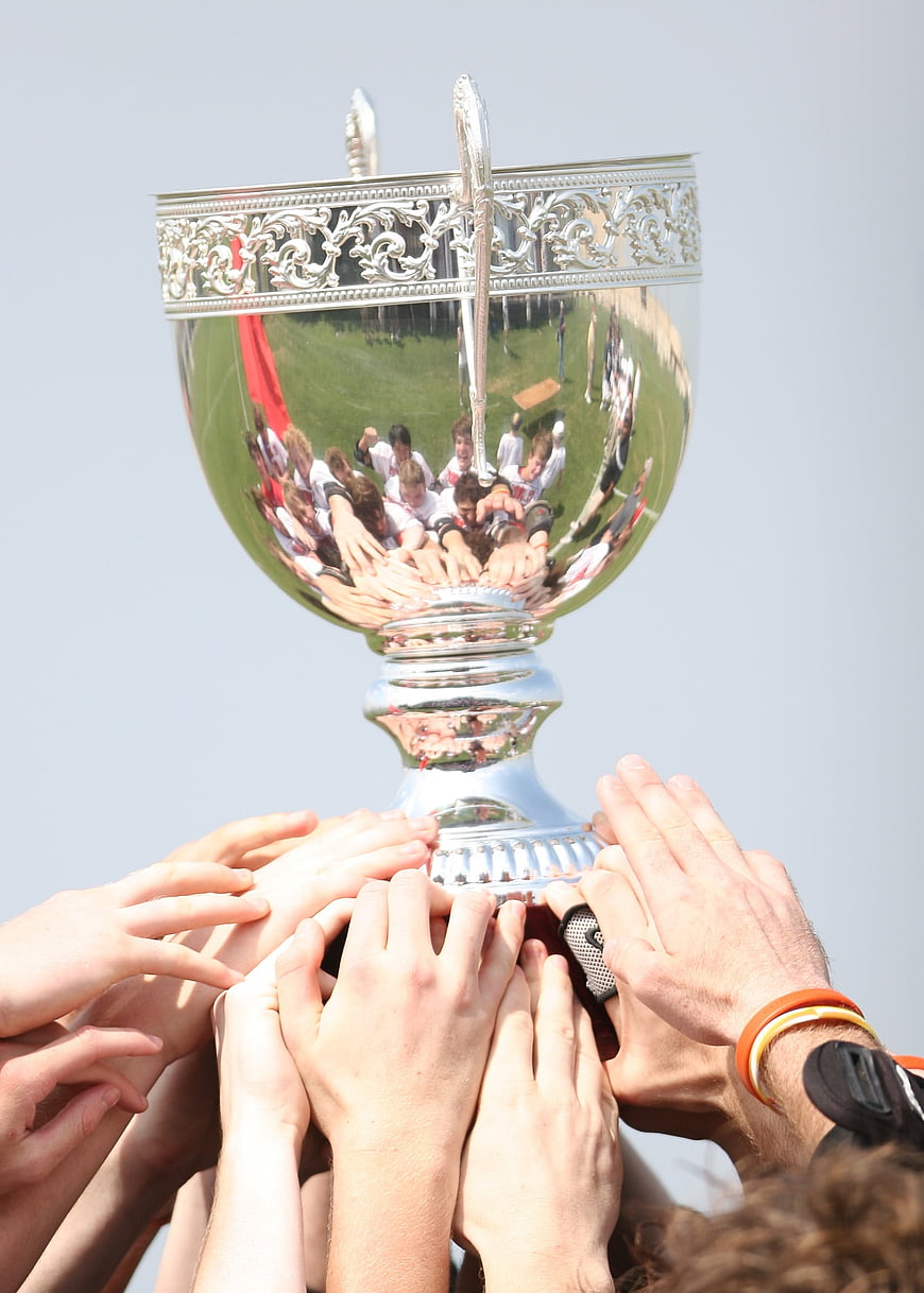 Team Hands Holding Silver Trophy Cup Victory