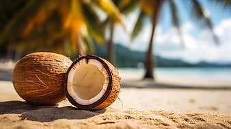 Fresh Coconut on Tropical Beach with Palm Trees