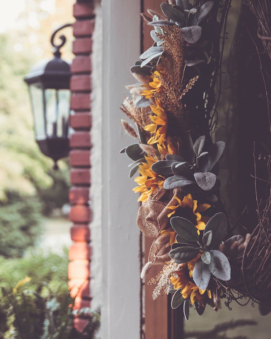 Autumn Sunflower Wreath on Front Door with Lantern