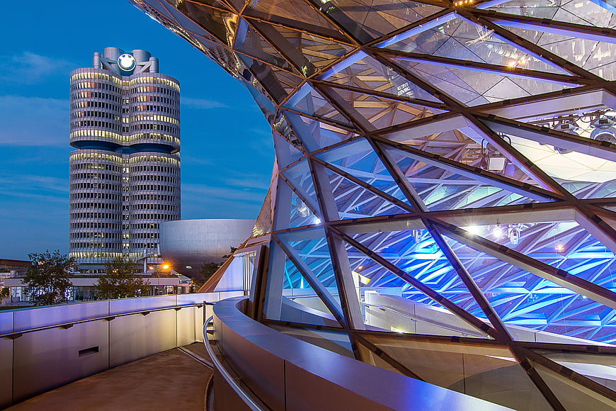 BMW World and Headquarters Architecture in Munich at Blue Hour
