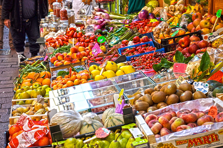 Colorful Outdoor Fruit Market Stall With Fresh Produce