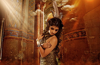 Mysterious woman in ancient temple with feathered headdress
