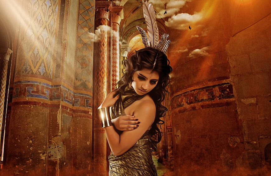 Mysterious woman in ancient temple with feathered headdress
